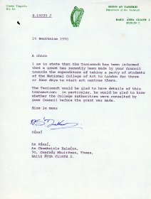 Letter from the Secretary of the Department of the Taoiseach to the Secretary of the Arts Council. 