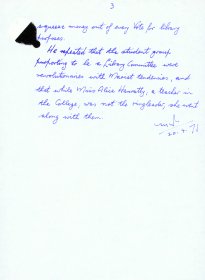Handwritten memo by Mervyn Wall, Secretary of the Arts Council, re a phone call from a Mr Cuddihy, Principal Officer of the Department of Education (Page 3)